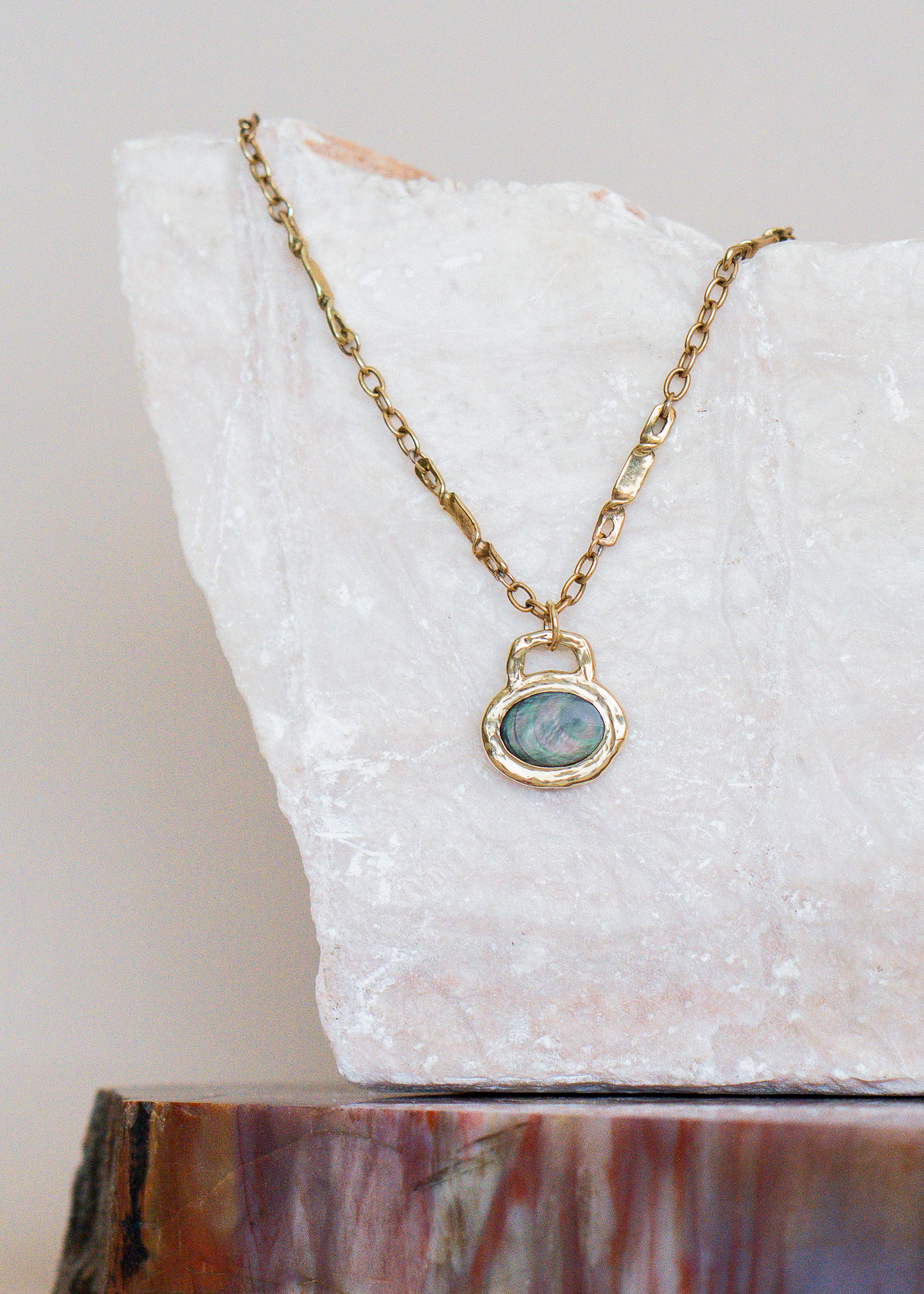 Black Mother of Pearl Charm & Brass Mina Chain
