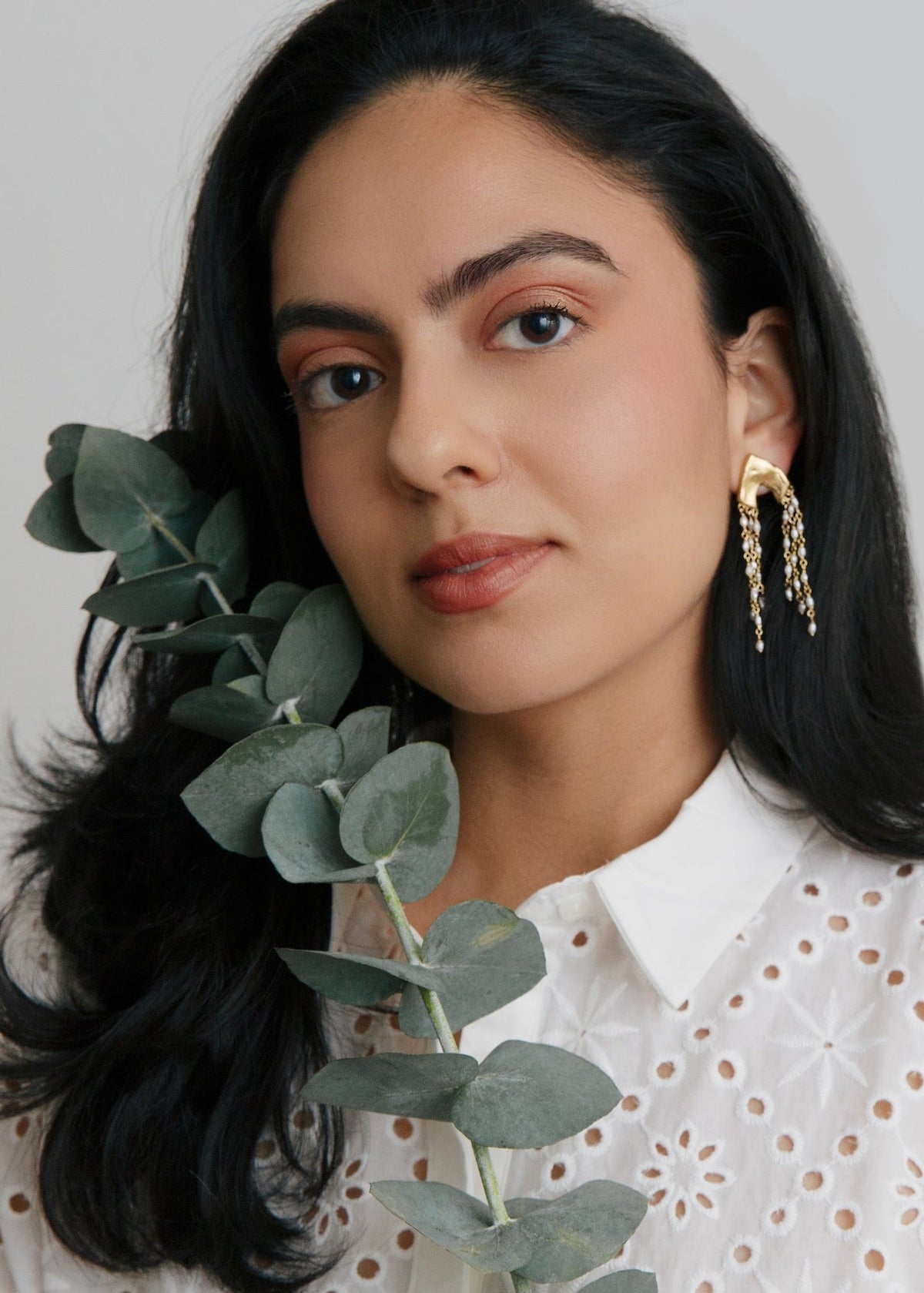 Pearl Trail Dangle Earrings on Model