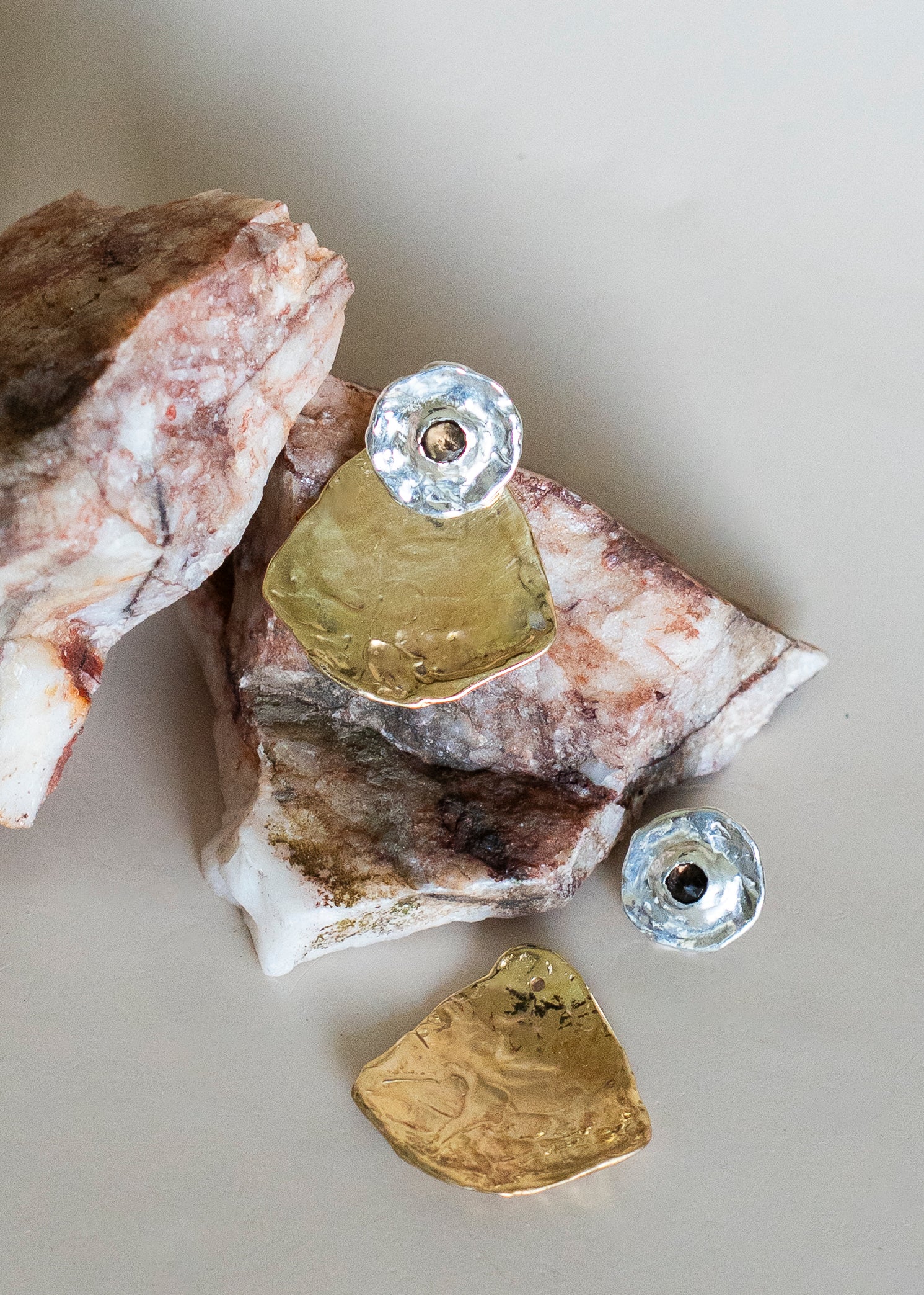 Smoky Topaz Ora Studs in Silver with Brass Slice Ear Jackets set