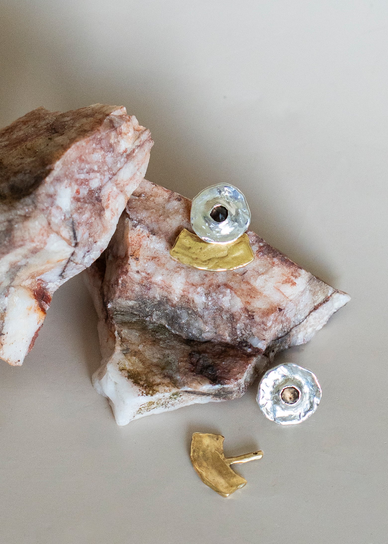 Smoky Topaz Ora Studs in Silver with Brass Fan Ear Jackets Set
