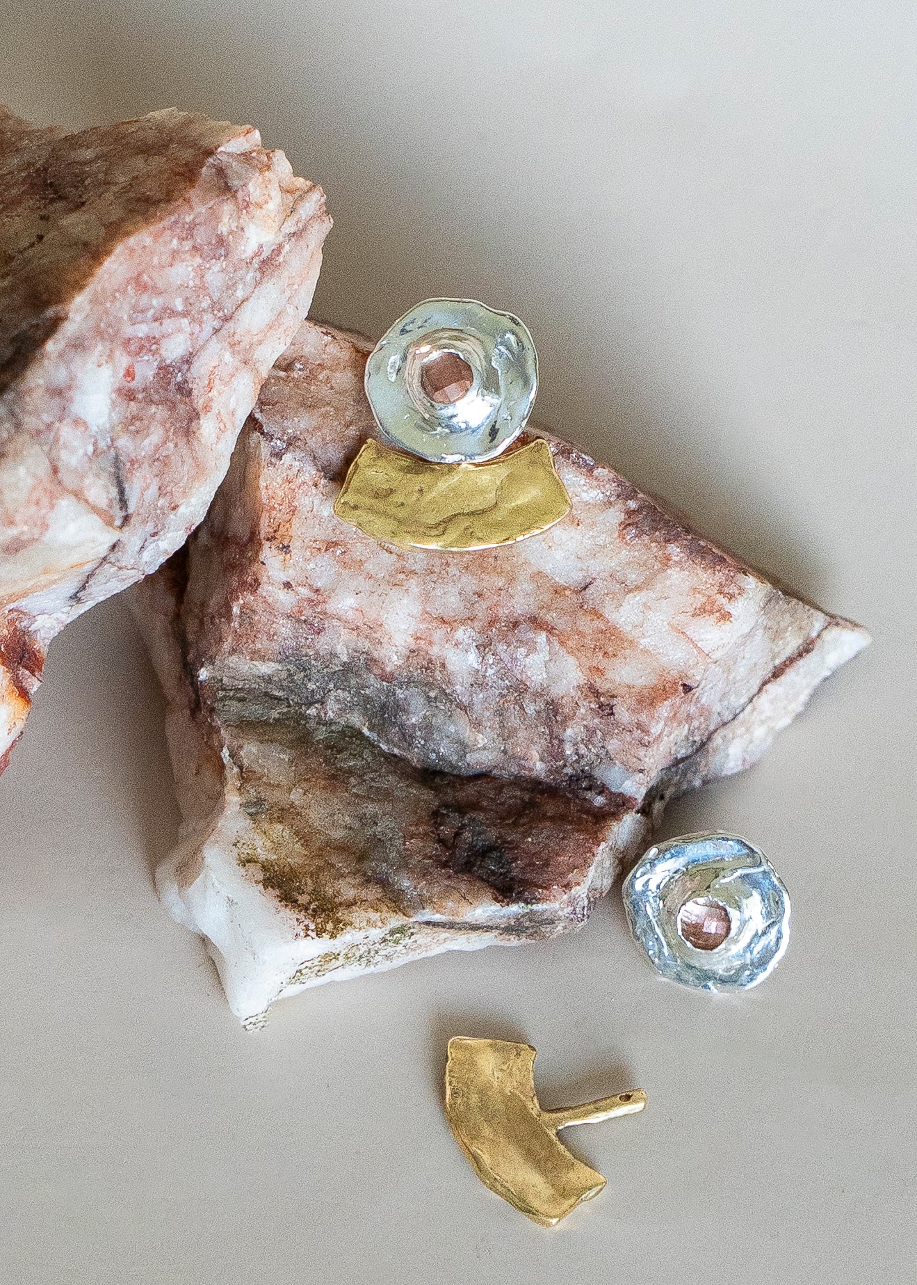 Rosecut Sunstone ra Studs with Brass Fan Ear Jacket Add On