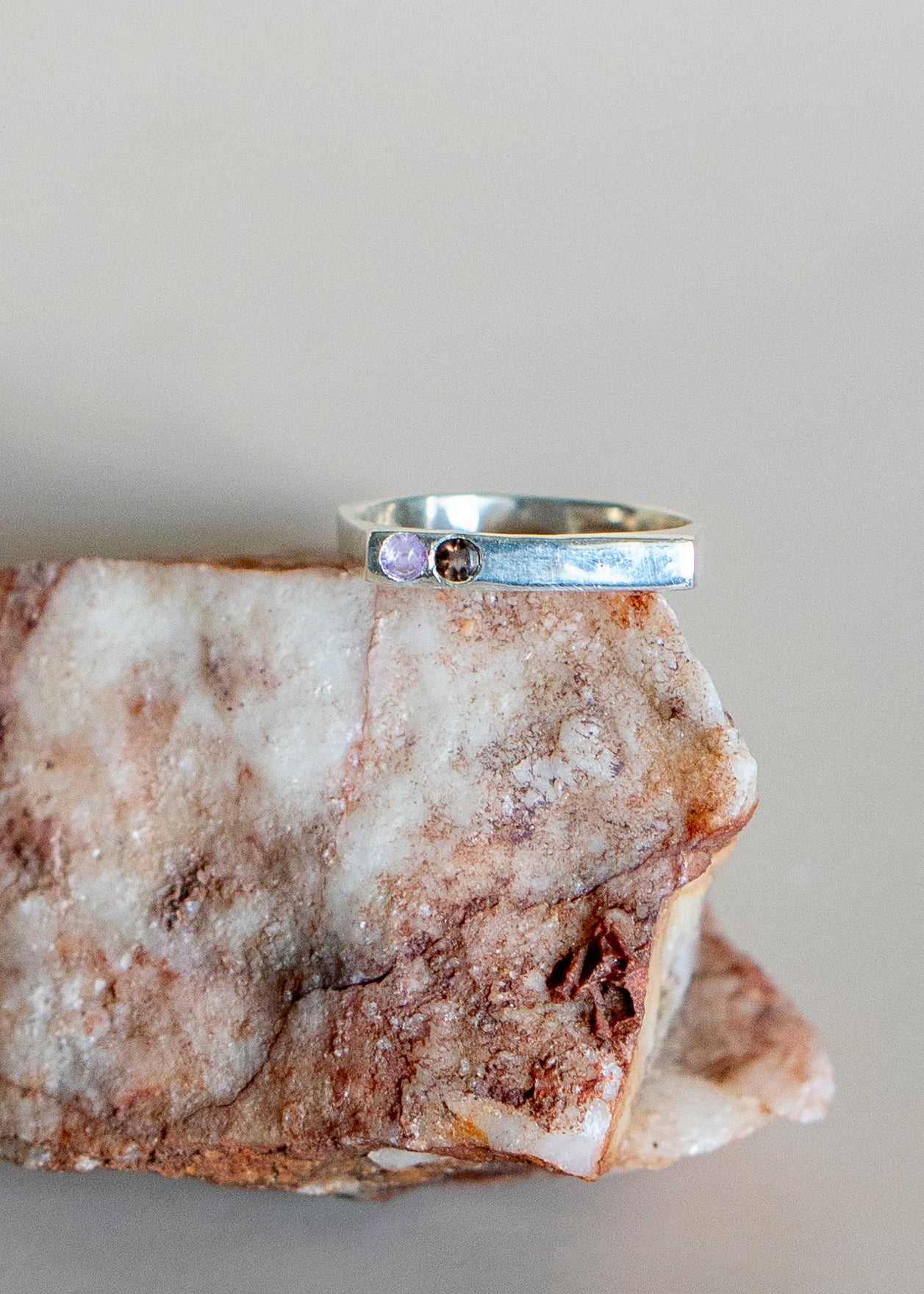 Amethyst and Smoky Quartz Corner Ring